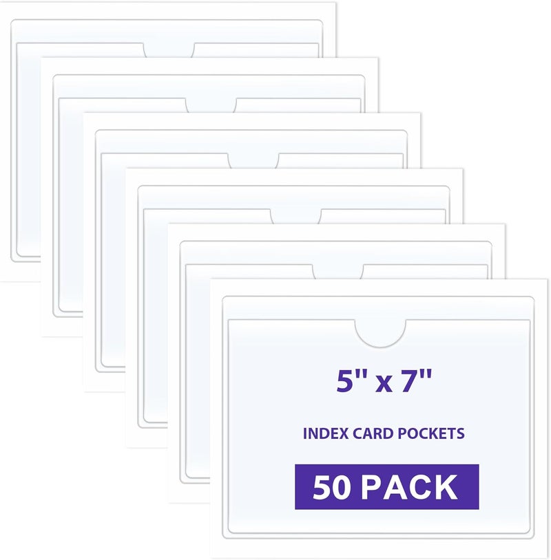 TOTiyea 50 Pack Clear Adhesive Pockets for Index Card Sleeves and Planners, Top Loading, Plastic Label Holder for Note Cards (5x7 Inches) - Image 1